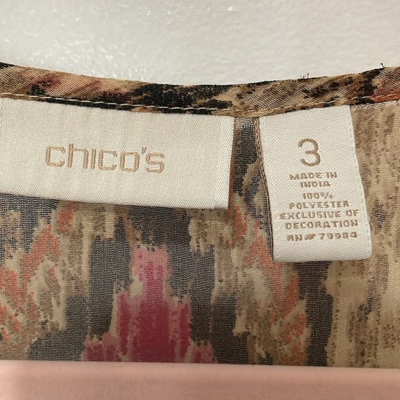 Chico's Sheer Beaded Multicolor Ikat Sheer Flowy Blouse Size 3 - US XL - Picture 5 of 7
